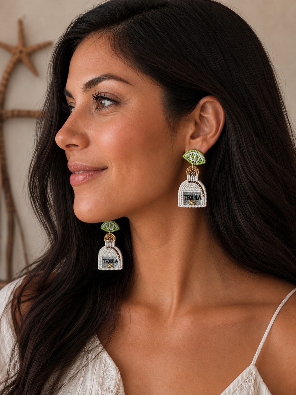 Beaded Tequila Bottle Statement Earrings - White & Lime